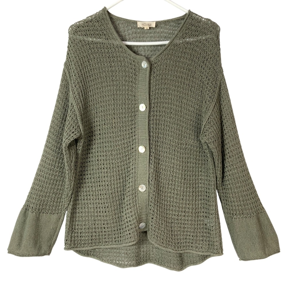 Haven Well Within Green Cardigan Large Button Up V-Neck Long Sleeve Open Knit